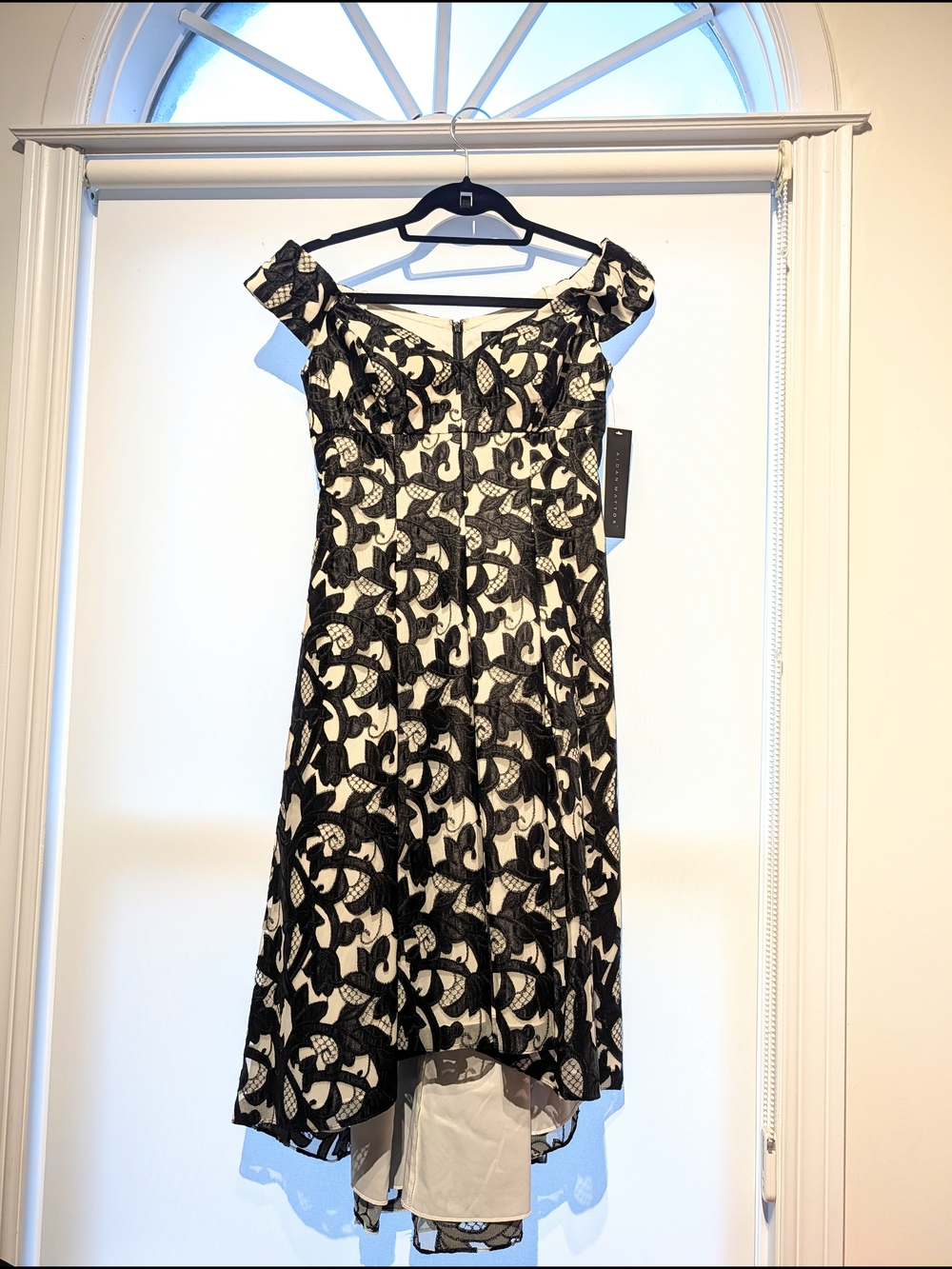 Aidan Mattox Black and White Midi Off-Shoulder Lace-Overlay High-Low Dress
